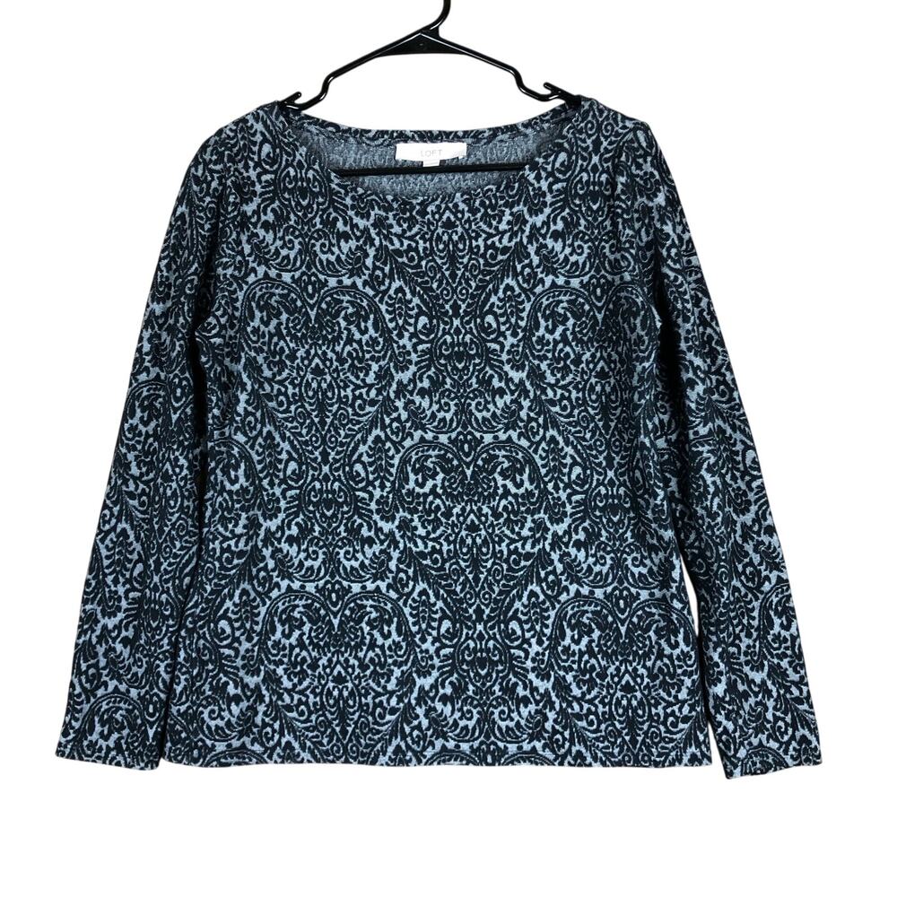 LOFT Womens Blouse Gray Black Floral Velvet Texture Crew Long Sleeve Stretch M